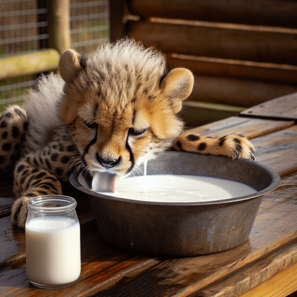 a cheetah drinking milk in a bowl